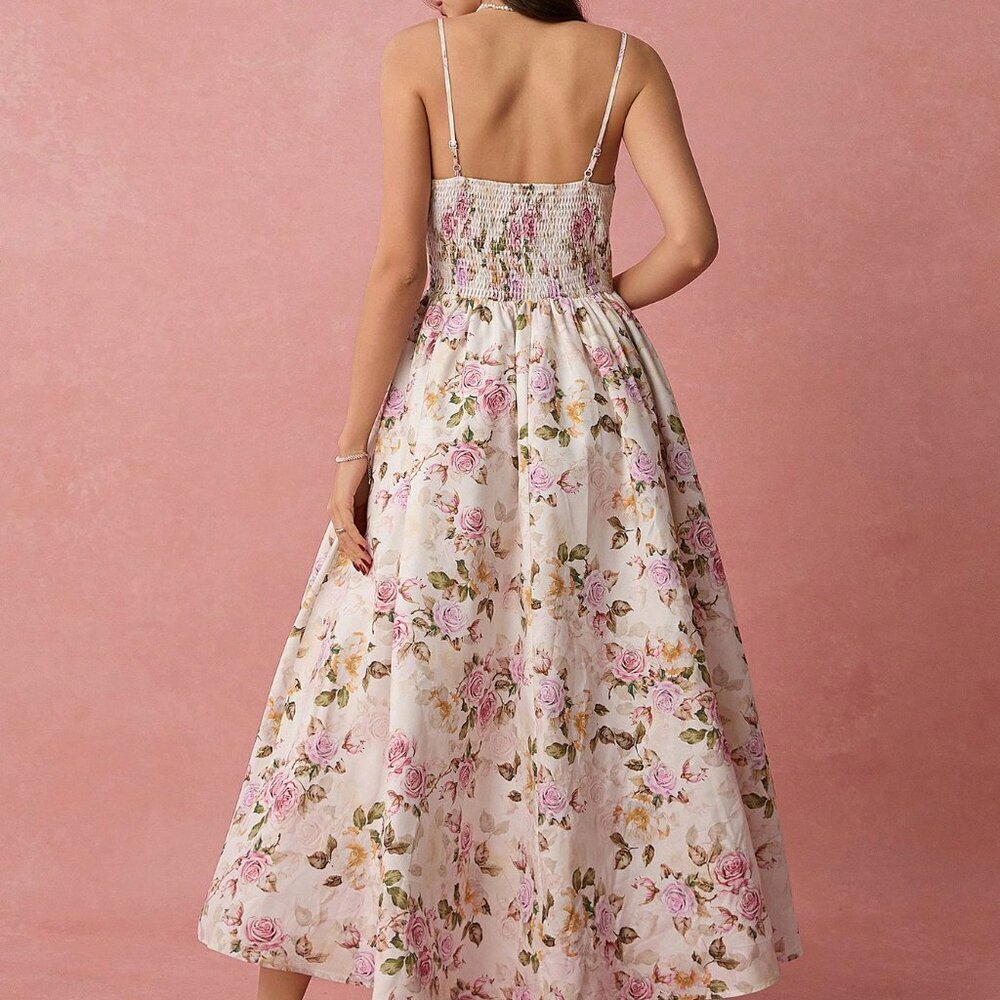 White Boho Women's Romantic Vacation Floral Print Spaghetti Strap A-Line Long Dr - Picture 7 of 7